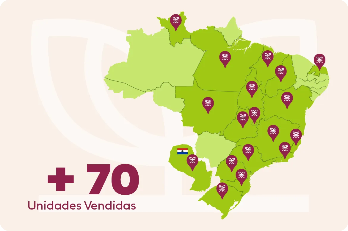 Mapa do Brasil com as unidades Bubble Mix distribuídas pelo país e uma no Paraguai: mais de 70 unidades vendidas.